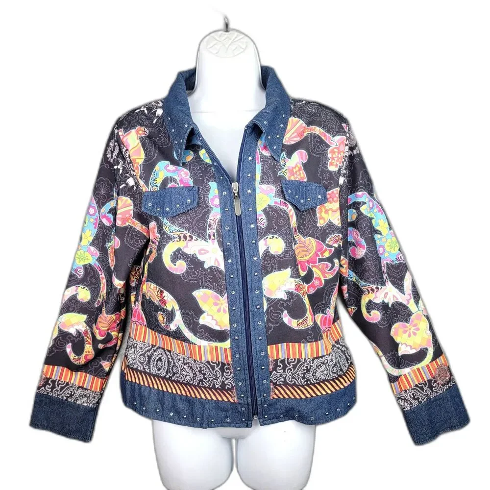 Cubism Full Zip Jacket Navy Multicolor M Rhinestone Art To Wear Vintage 90s